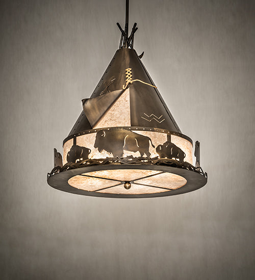 Meyda Lighting Teepee 20" 4-Light Antique Copper Buffalo Pendant Light With Silver Mica Shade Glass