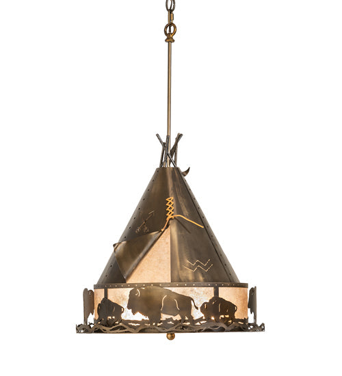 Meyda Lighting Teepee 20" 4-Light Antique Copper Buffalo Pendant Light With Silver Mica Shade Glass