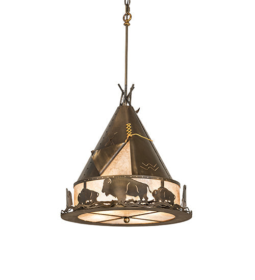 Meyda Lighting Teepee 20" 4-Light Antique Copper Buffalo Pendant Light With Silver Mica Shade Glass