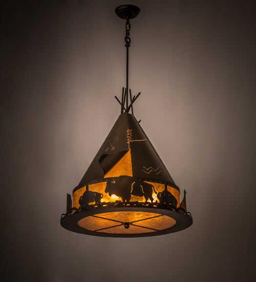 Meyda Lighting Teepee 24" 4-Light Antique Copper Buffalo Pendant Light With Amber Mica Shade Glass