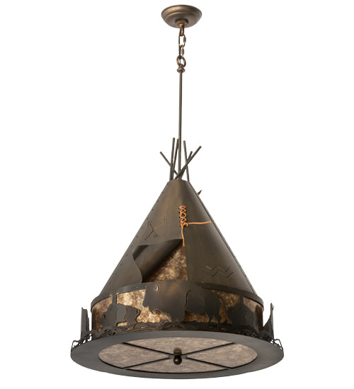 Meyda Lighting Teepee 24" 4-Light Antique Copper Buffalo Pendant Light With Amber Mica Shade Glass
