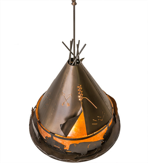 Meyda Lighting Teepee 24" 4-Light Antique Copper Buffalo Pendant Light With Amber Mica Shade Glass