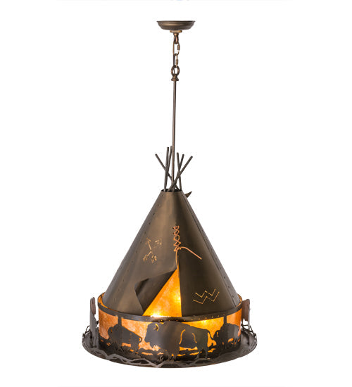 Meyda Lighting Teepee 24" 4-Light Antique Copper Buffalo Pendant Light With Amber Mica Shade Glass