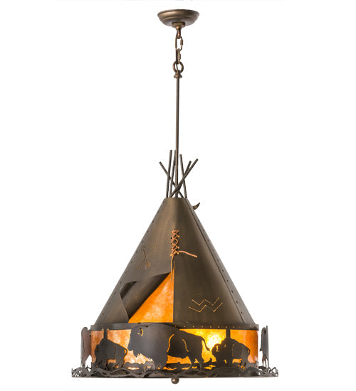Meyda Lighting Teepee 24" 4-Light Antique Copper Buffalo Pendant Light With Amber Mica Shade Glass