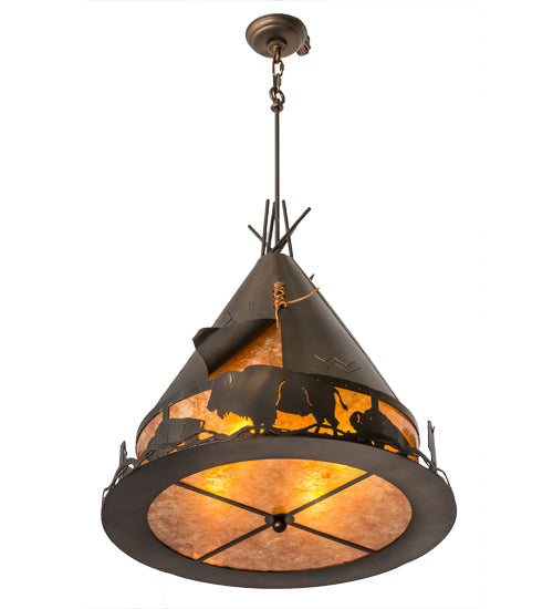 Meyda Lighting Teepee 24" 4-Light Antique Copper Buffalo Pendant Light With Amber Mica Shade Glass