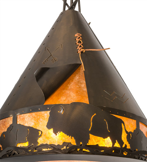 Meyda Lighting Teepee 24" 4-Light Antique Copper Buffalo Pendant Light With Amber Mica Shade Glass