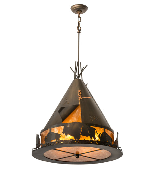 Meyda Lighting Teepee 24" 4-Light Antique Copper Buffalo Pendant Light With Amber Mica Shade Glass