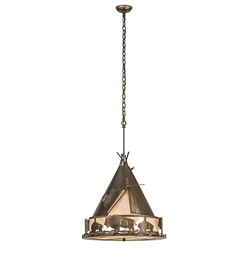 Meyda Lighting Teepee 24" 4-Light Antique Copper Buffalo Pendant Light With Silver Mica Shade Glass