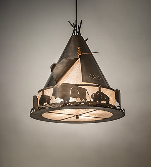 Meyda Lighting Teepee 24" 4-Light Antique Copper Buffalo Pendant Light With Silver Mica Shade Glass
