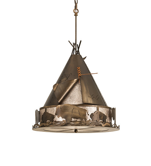 Meyda Lighting Teepee 24" 4-Light Antique Copper Buffalo Pendant Light With Silver Mica Shade Glass