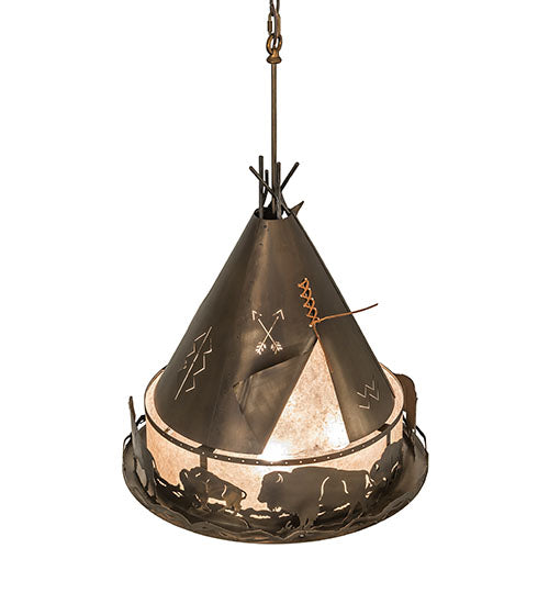 Meyda Lighting Teepee 24" 4-Light Antique Copper Buffalo Pendant Light With Silver Mica Shade Glass