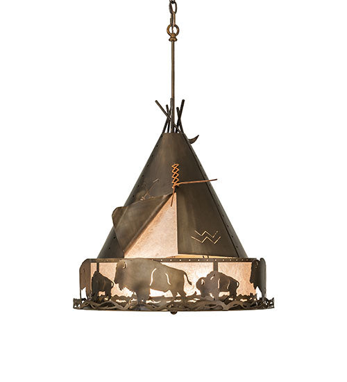 Meyda Lighting Teepee 24" 4-Light Antique Copper Buffalo Pendant Light With Silver Mica Shade Glass