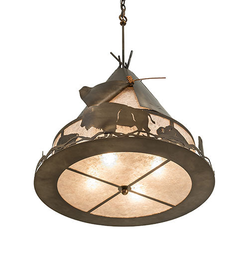 Meyda Lighting Teepee 24" 4-Light Antique Copper Buffalo Pendant Light With Silver Mica Shade Glass