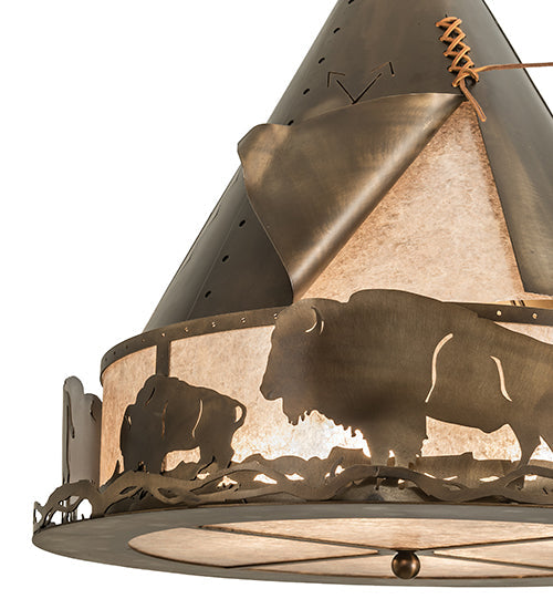 Meyda Lighting Teepee 24" 4-Light Antique Copper Buffalo Pendant Light With Silver Mica Shade Glass