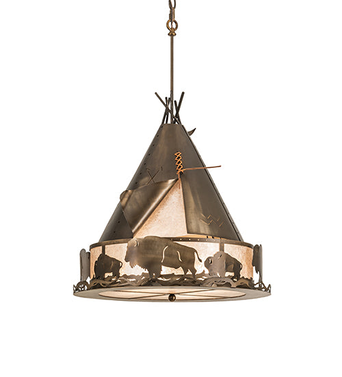 Meyda Lighting Teepee 24" 4-Light Antique Copper Buffalo Pendant Light With Silver Mica Shade Glass