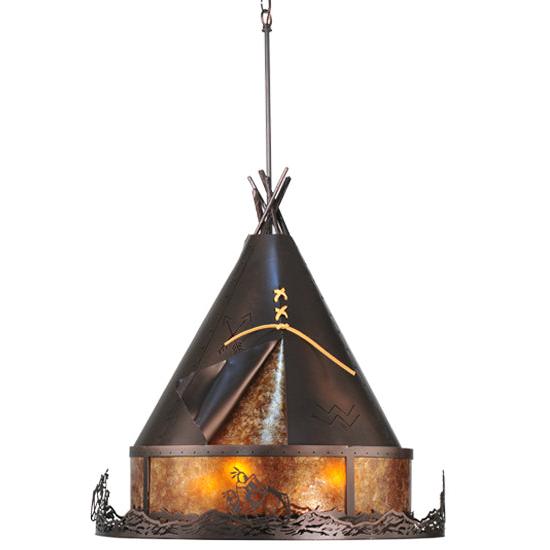 Meyda Lighting Teepee 24" 4-Light Mahogany Bronze Athabasca Pendant Light With Amber Mica Shade Glass