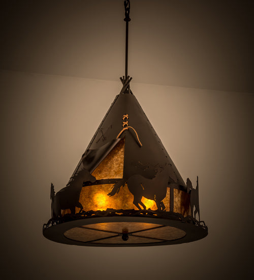 Meyda Lighting Teepee 24" 4-Light Mahogany Bronze Pendant Light With Amber Mica Shade Glass