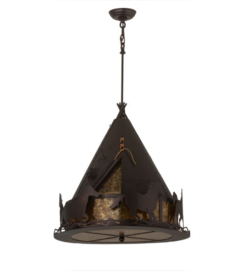 Meyda Lighting Teepee 24" 4-Light Mahogany Bronze Pendant Light With Amber Mica Shade Glass