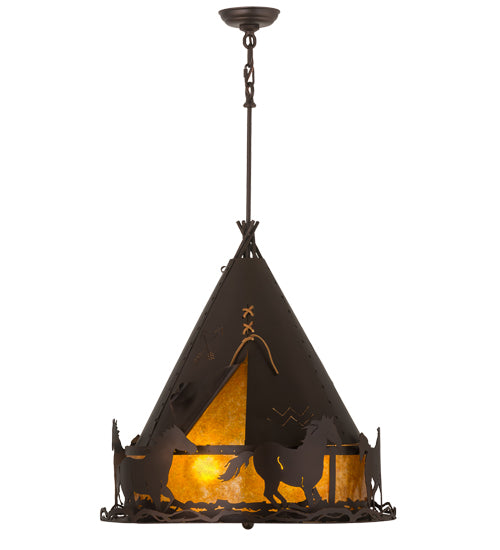 Meyda Lighting Teepee 24" 4-Light Mahogany Bronze Pendant Light With Amber Mica Shade Glass