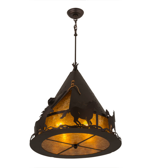 Meyda Lighting Teepee 24" 4-Light Mahogany Bronze Pendant Light With Amber Mica Shade Glass