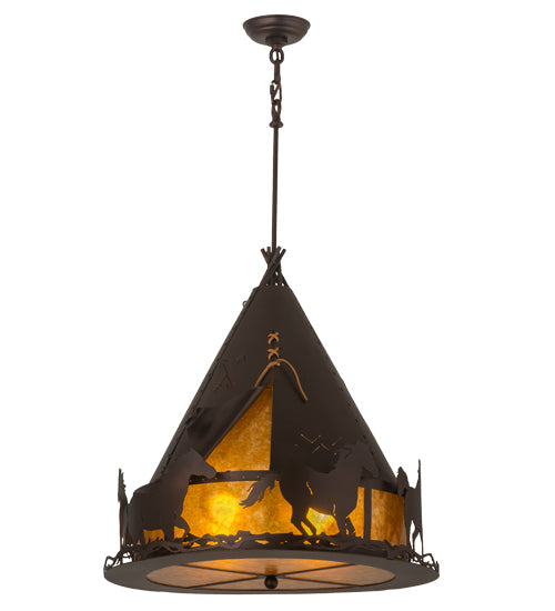 Meyda Lighting Teepee 24" 4-Light Mahogany Bronze Pendant Light With Amber Mica Shade Glass
