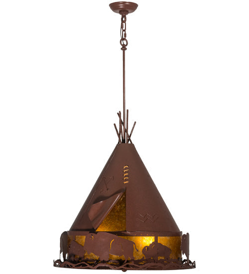 Meyda Lighting Teepee 24" 4-Light Rust Buffalo Pendant Light With Amber Mica Shade Glass