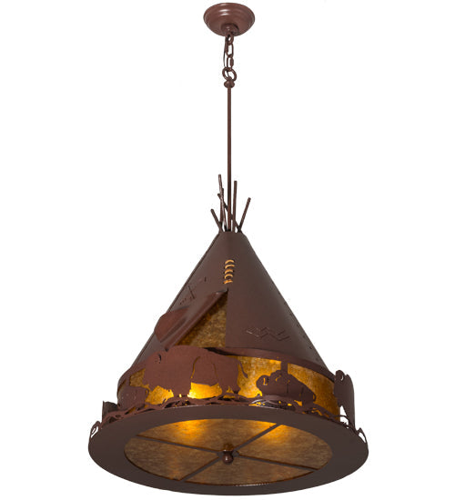 Meyda Lighting Teepee 24" 4-Light Rust Buffalo Pendant Light With Amber Mica Shade Glass