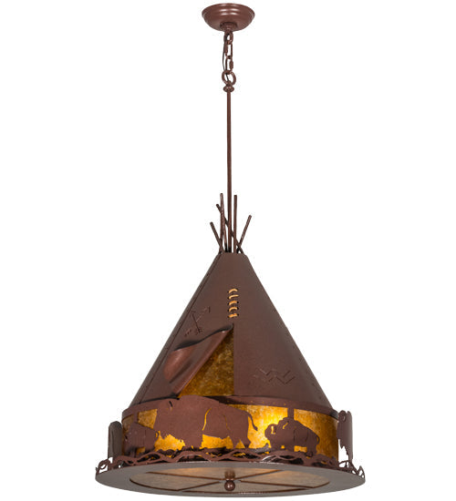 Meyda Lighting Teepee 24" 4-Light Rust Buffalo Pendant Light With Amber Mica Shade Glass