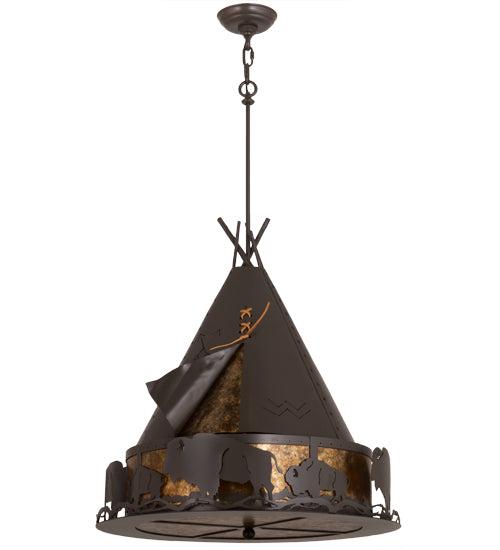 Meyda Lighting Teepee 24" 4-Light Timeless Bronze Buffalo Pendant Light With Amber Mica Shade Glass