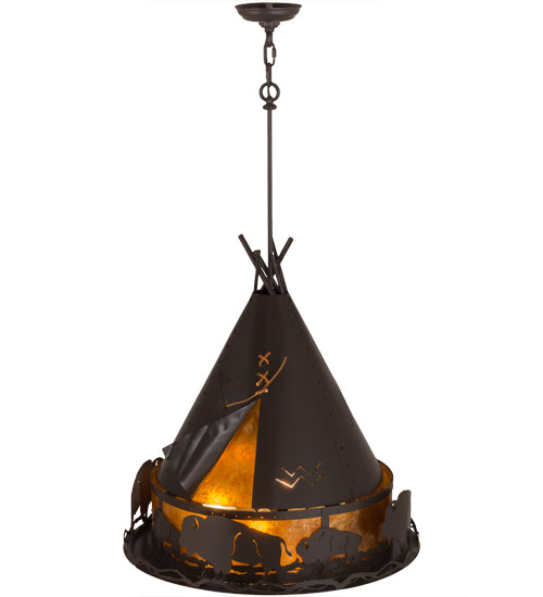 Meyda Lighting Teepee 24" 4-Light Timeless Bronze Buffalo Pendant Light With Amber Mica Shade Glass