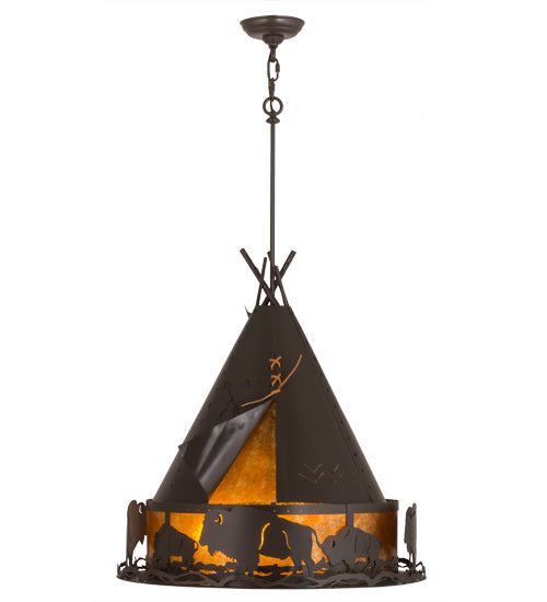 Meyda Lighting Teepee 24" 4-Light Timeless Bronze Buffalo Pendant Light With Amber Mica Shade Glass