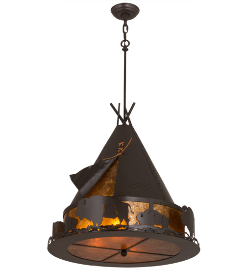 Meyda Lighting Teepee 24" 4-Light Timeless Bronze Buffalo Pendant Light With Amber Mica Shade Glass