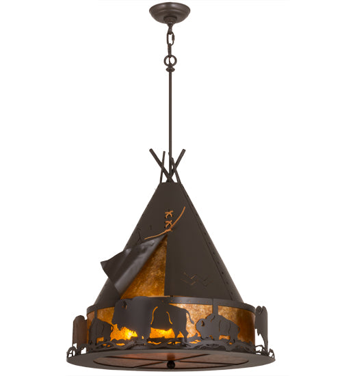 Meyda Lighting Teepee 24" 4-Light Timeless Bronze Buffalo Pendant Light With Amber Mica Shade Glass