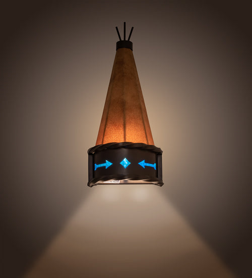 Meyda Lighting Teepee 8" Timeless Bronze Regalia Wall Sconce With Faux Rawhide & Blue Green Art Shade