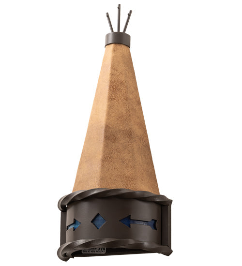 Meyda Lighting Teepee 8" Timeless Bronze Regalia Wall Sconce With Faux Rawhide & Blue Green Art Shade