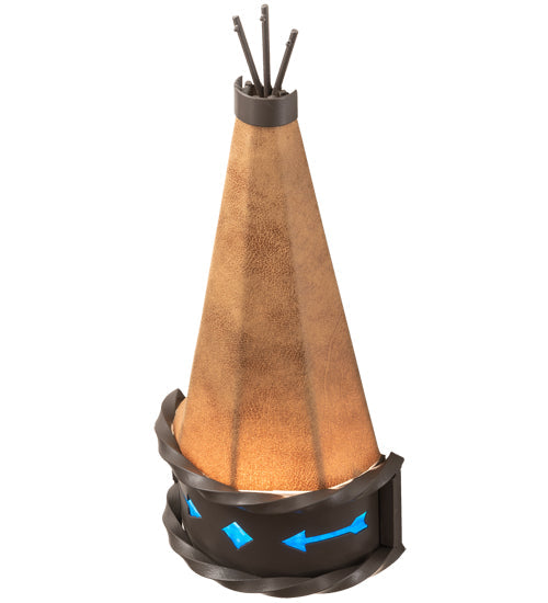 Meyda Lighting Teepee 8" Timeless Bronze Regalia Wall Sconce With Faux Rawhide & Blue Green Art Shade