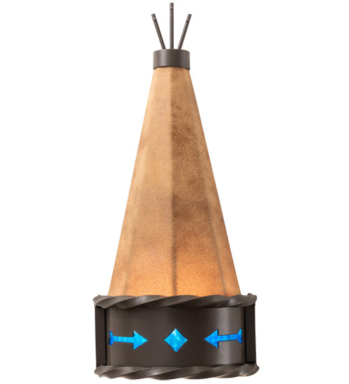 Meyda Lighting Teepee 8" Timeless Bronze Regalia Wall Sconce With Faux Rawhide & Blue Green Art Shade