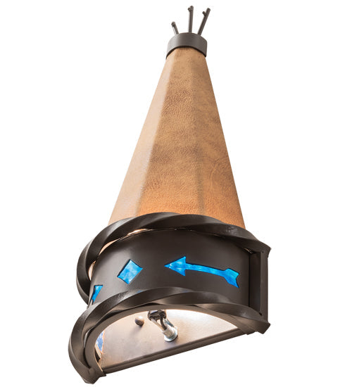 Meyda Lighting Teepee 8" Timeless Bronze Regalia Wall Sconce With Faux Rawhide & Blue Green Art Shade