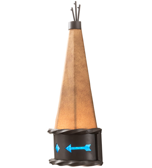 Meyda Lighting Teepee 8" Timeless Bronze Regalia Wall Sconce With Faux Rawhide & Blue Green Art Shade