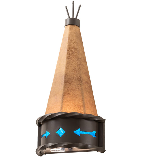 Meyda Lighting Teepee 8" Timeless Bronze Regalia Wall Sconce With Faux Rawhide & Blue Green Art Shade