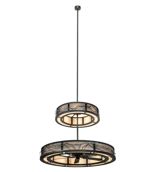 Meyda Lighting Telluride Magic 73" 32-Light Natural Iron Mountains Chandelier With Sahara Taupe Idalight & White Laura Textrene Shade and Fan