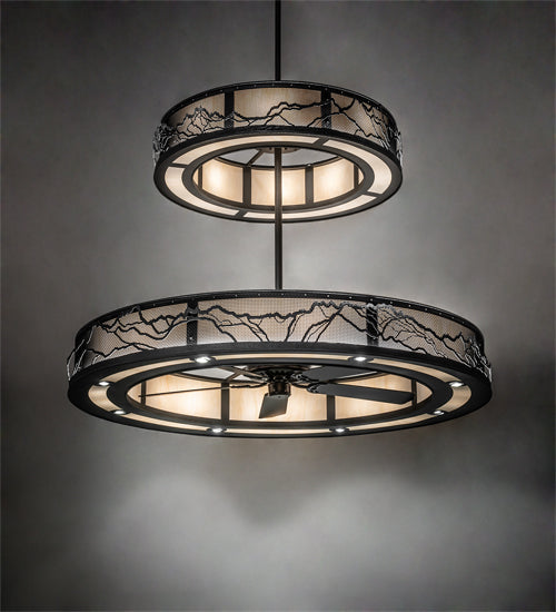 Meyda Lighting Telluride Magic 73" 32-Light Natural Iron Mountains Chandelier With Sahara Taupe Idalight & White Laura Textrene Shade and Fan