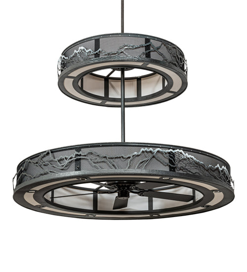 Meyda Lighting Telluride Magic 73" 32-Light Natural Iron Mountains Chandelier With Sahara Taupe Idalight & White Laura Textrene Shade and Fan