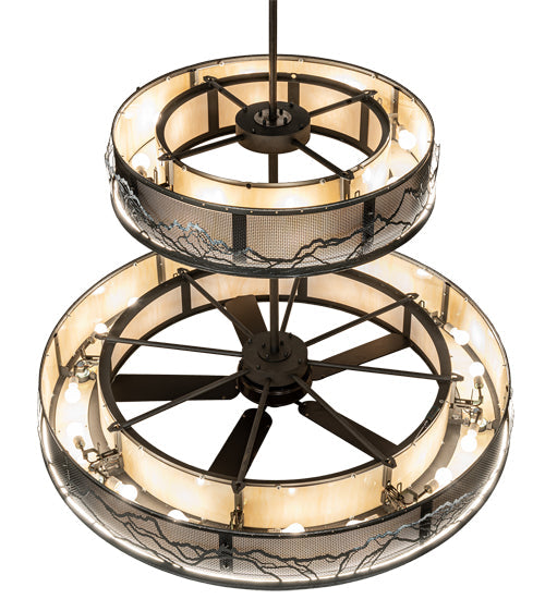 Meyda Lighting Telluride Magic 73" 32-Light Natural Iron Mountains Chandelier With Sahara Taupe Idalight & White Laura Textrene Shade and Fan