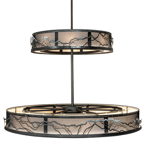 Meyda Lighting Telluride Magic 73" 32-Light Natural Iron Mountains Chandelier With Sahara Taupe Idalight & White Laura Textrene Shade and Fan