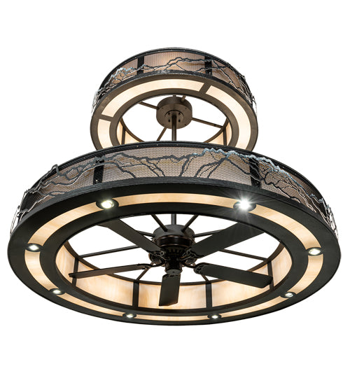 Meyda Lighting Telluride Magic 73" 32-Light Natural Iron Mountains Chandelier With Sahara Taupe Idalight & White Laura Textrene Shade and Fan