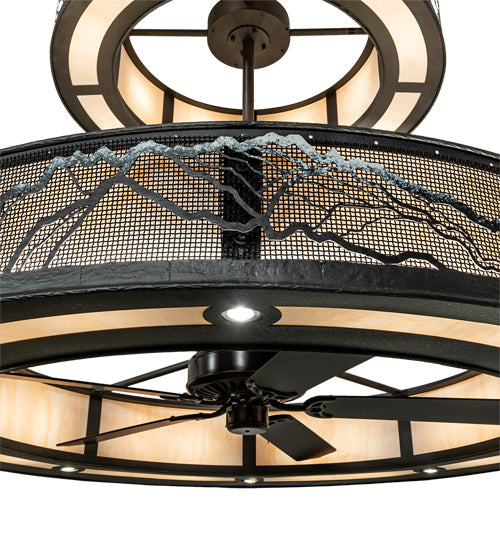 Meyda Lighting Telluride Magic 73" 32-Light Natural Iron Mountains Chandelier With Sahara Taupe Idalight & White Laura Textrene Shade and Fan