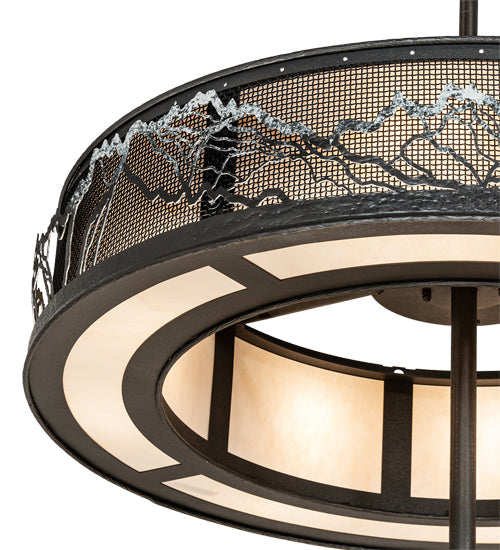 Meyda Lighting Telluride Magic 73" 32-Light Natural Iron Mountains Chandelier With Sahara Taupe Idalight & White Laura Textrene Shade and Fan