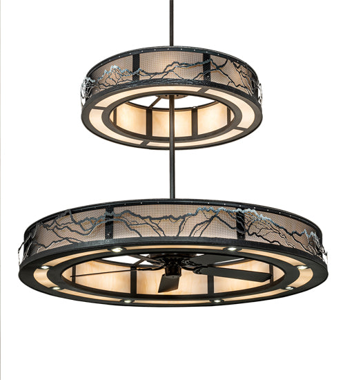Meyda Lighting Telluride Magic 73" 32-Light Natural Iron Mountains Chandelier With Sahara Taupe Idalight & White Laura Textrene Shade and Fan