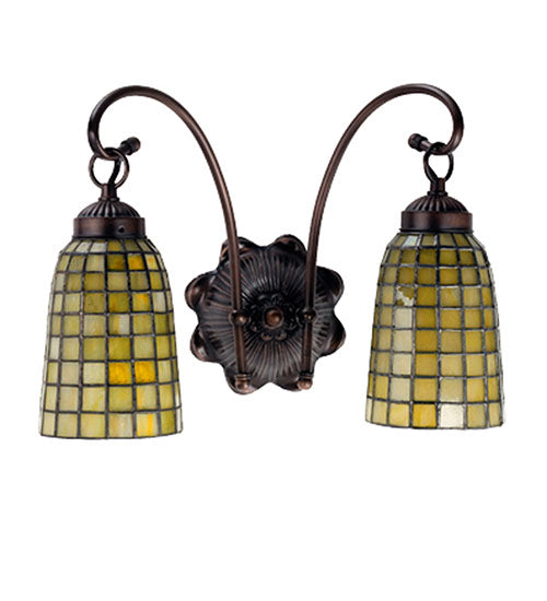 Meyda Lighting Terra Verde 15" 2-Light Mahogany Bronze Wall Sconce With Honeydew Green Shade Glass